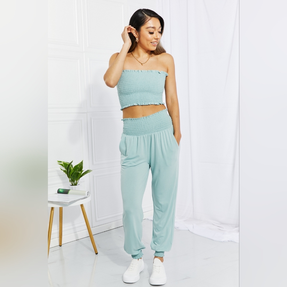 Zenana Full Size Stylish Comfort Smocked Tube Top & Joggers Set